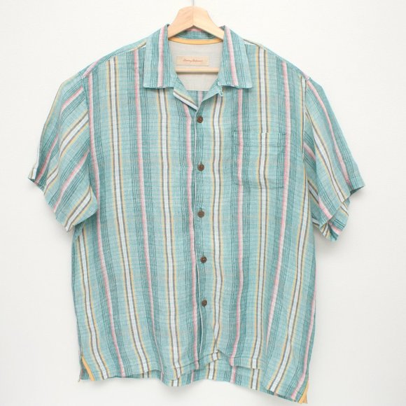 Tommy Bahama Men's Aloha Short Sleeve Button Up Shirt Linen Large Green Striped - Picture 1 of 7